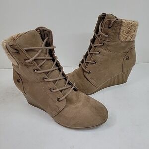 Nine West Boots‎ Youth 3.5 Sweater Cuff Wedge Heels Ankle Brown Fabric Lace Up